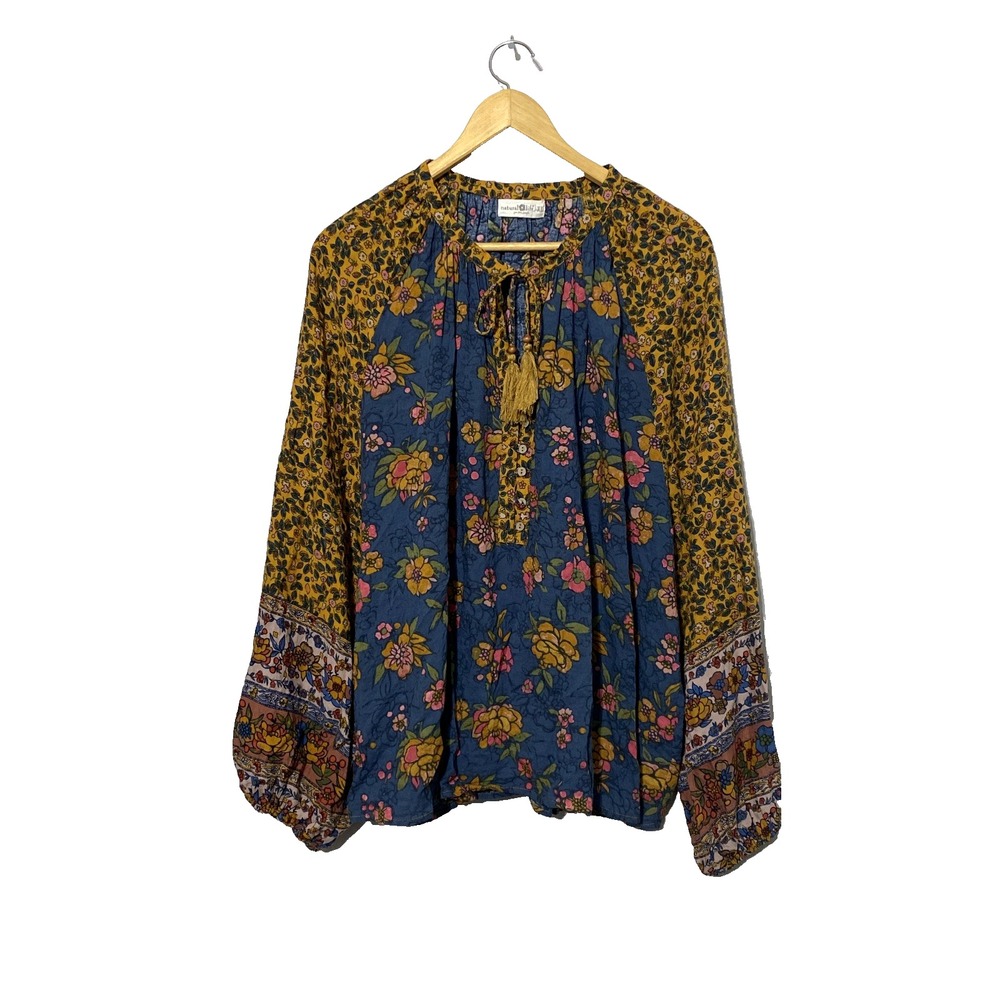 Natural Life Camille Top BOHO Peasant Flowy Tassel Billowy Long Sleeves Floral